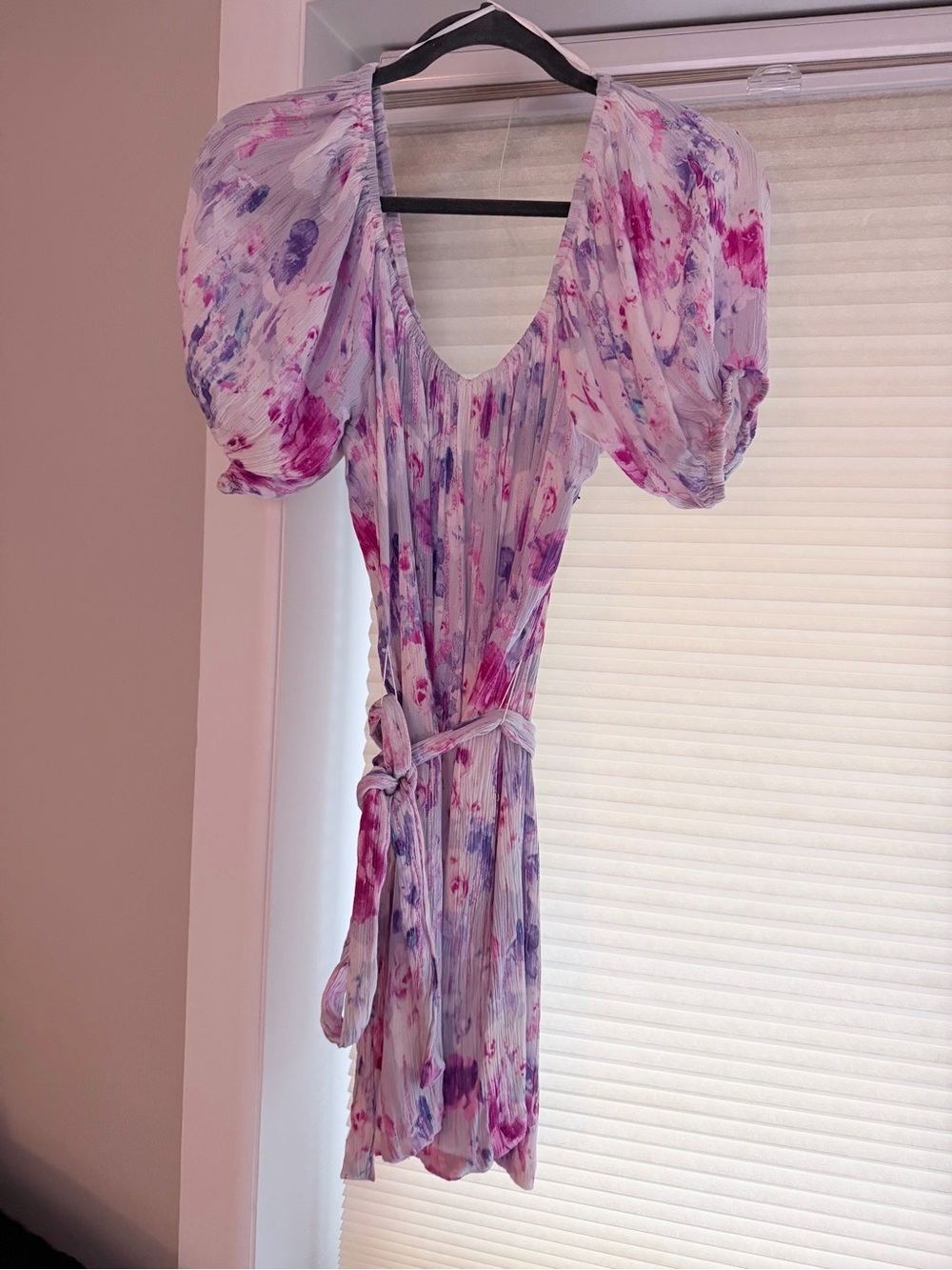 DEX Beautiful Floral Watercolor Puff Sleeve Dress - Pink & Purple,& fabric belt - Picture 1 of 5